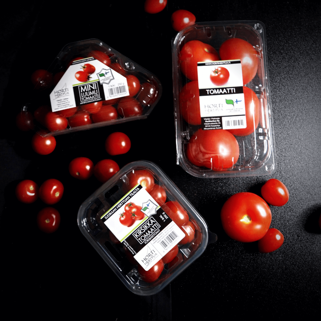 Hortiherttuan puutarhan tomaatteja myyntipakkauksessa