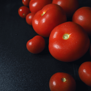 Hortiherttuan puutarhan tomaatteja mustalla pohjalla